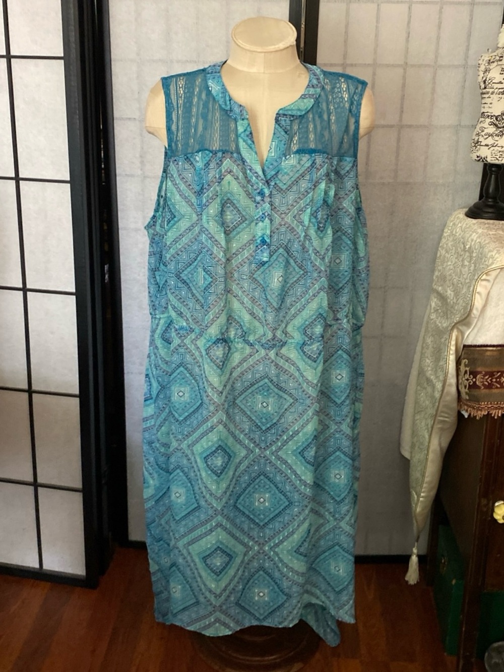 Faded Glory Women +3X “Hawaiian Ocean” Sexy Chiffon & Lace Maxi Dress Assym. Hem